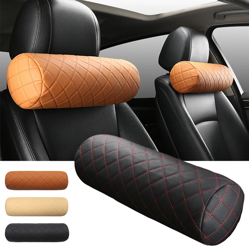 Luxury Car Seat Neck Pillow Headrest Leather Memory Foam Breathable Cervical Cylindrical Pillow Office Chair Headrest Protector