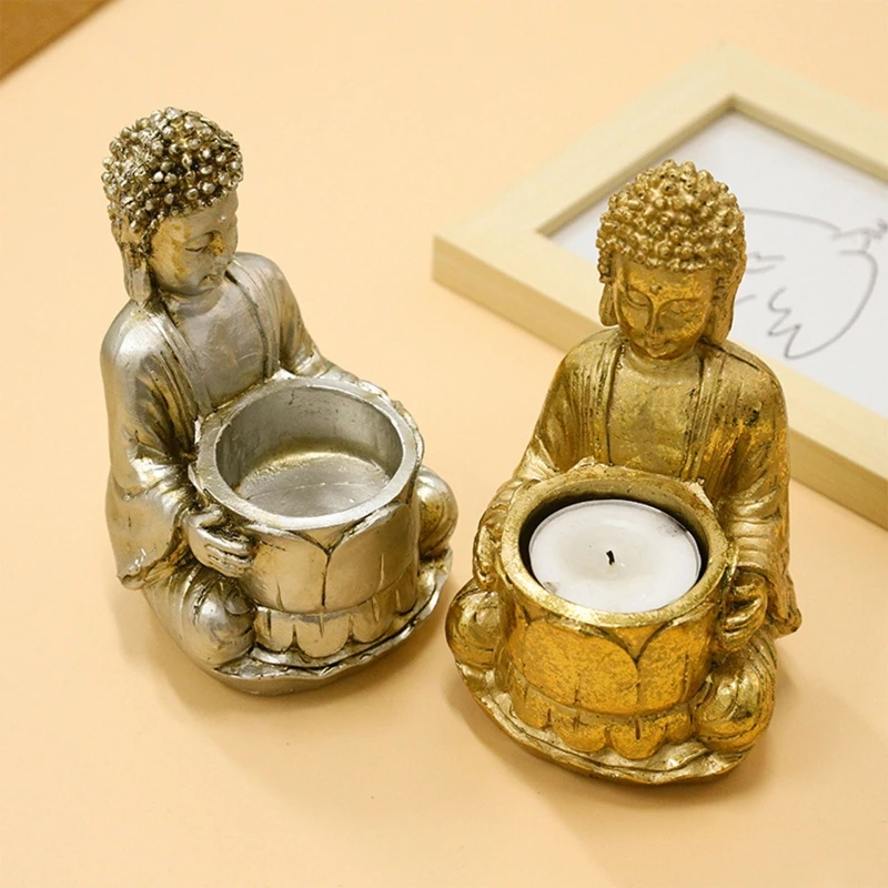 Resin Buddhist Statue Candle Holder Meditation Candlestick Stand Decor for Home Bedroom Office Yoga Studio Decoration