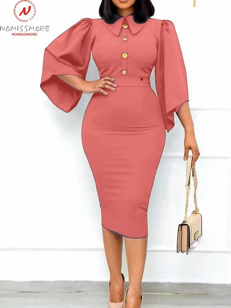 

Elegant Office Lady Solid Color Pencil Dress Single-Breasted Design Peter Pan Collar Flare Sleeve High Waist Slim Hips Dress