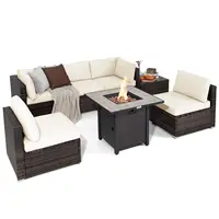 Costway 7PCS Patio Rattan Furniture Set 30" Fire Pit Table Cover Cushion Sofa Off White