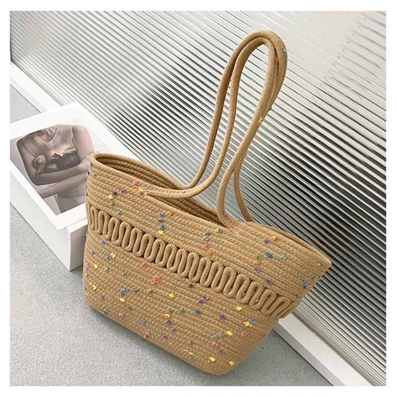 FOSIZZO 2023 New Summer High Capacity French Straw Woven Bag Beach Resort Bag Women's Shoulder Hollow Cotton Thread Woven Bag