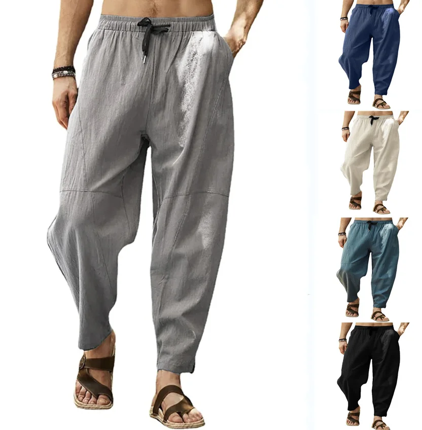 Linen Trousers for Men Wide Cargo Pants Streetwear Casual Sports Jogging Men's Clothing Sweatpants