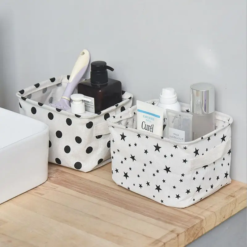 

Cotton Linen Desktop Storage Basket Sundries Storage Box With Handle Desk Makeup Organizer for Kids Toys Books Office Stationery