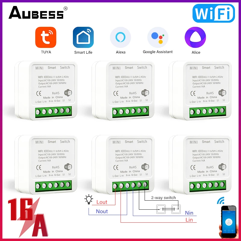 

Tuya 16A Mini Switch 2-way Control Switches WiFi Dual-mode Smart Breaker Works With Alexa Google Home Support Smart Life APP