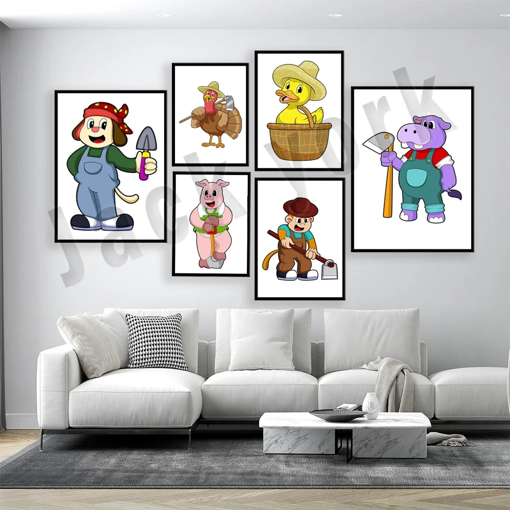 Funny animals goat farmer fisherman hat hippo garden hoe penguin cow pitchfork work poster