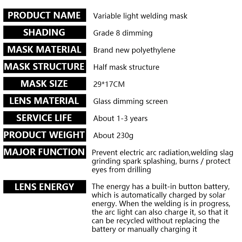 

Welding Helmet Darkening Hood Weld Supplies Solar Powered Automatic Adjustable Shade Range High-strength Face Protector