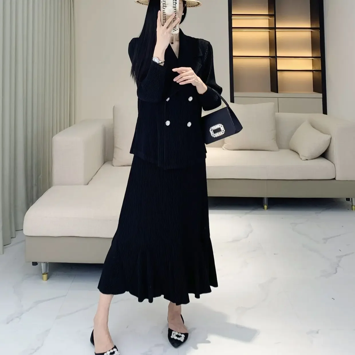 Плиссированный женский осенний Новый Модный Блейзер и юбка рыбий хвост комплект