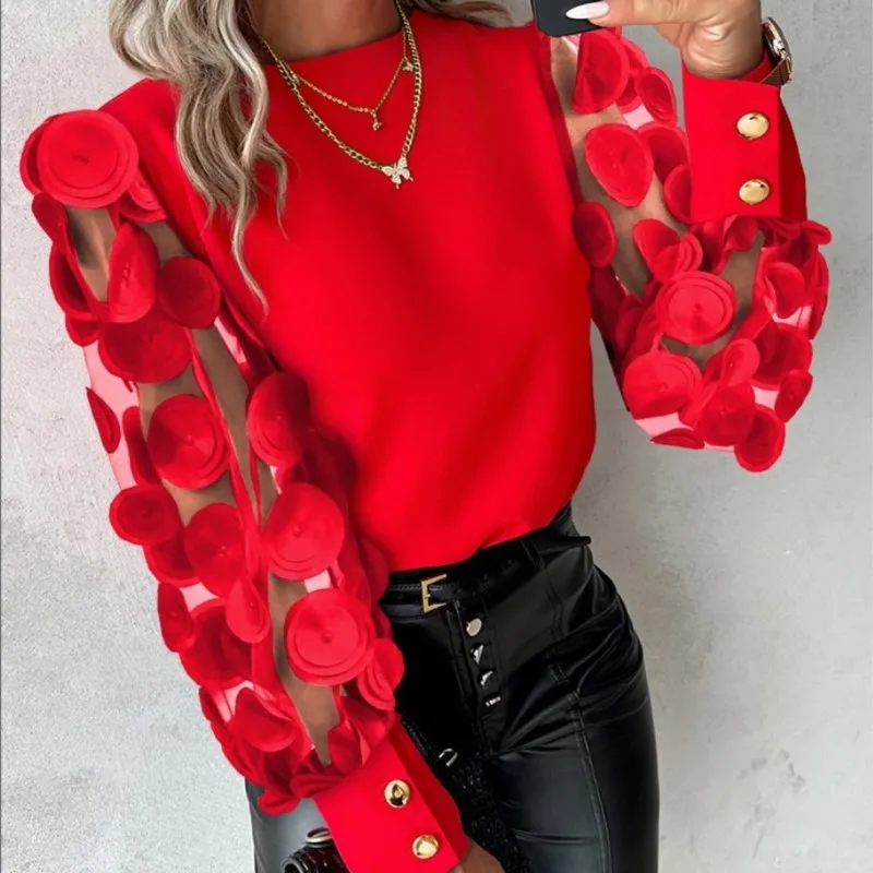 Модная женская блузка на весну и осень повседневный простой красный кружевной