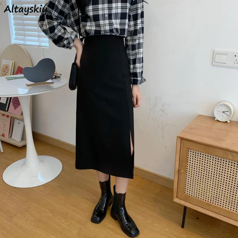 

Hot Sale S-5XL Skirts Women Solid Black Design Side-slit Midi Skirt Elegant Empire A-line Irregular Faldas Largas Mujer Ulzzang