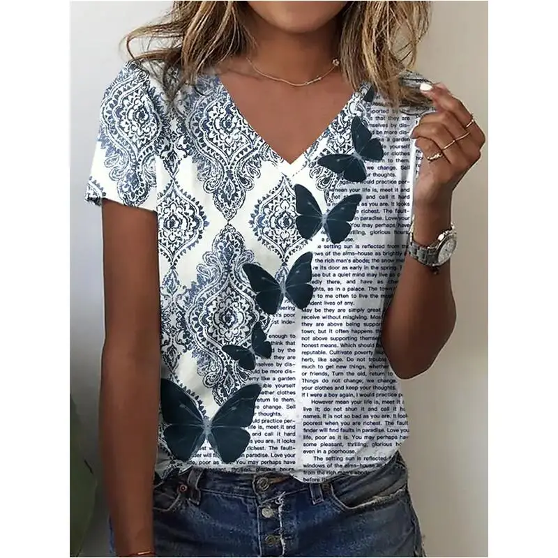 

Женская футболка с V-образным вырезом, футболка с принтом клубники и томатного мороженого, удобная дышащая уличная одежда, повседневная фут...