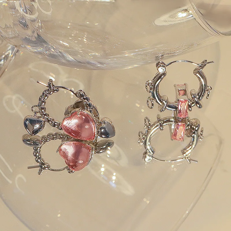 

Korean Pink Heart Hoop Earrings for Women Y2K Zircon Irregular Charm Dangle Earring Ins Creative Jewelry Accessories Party Gift