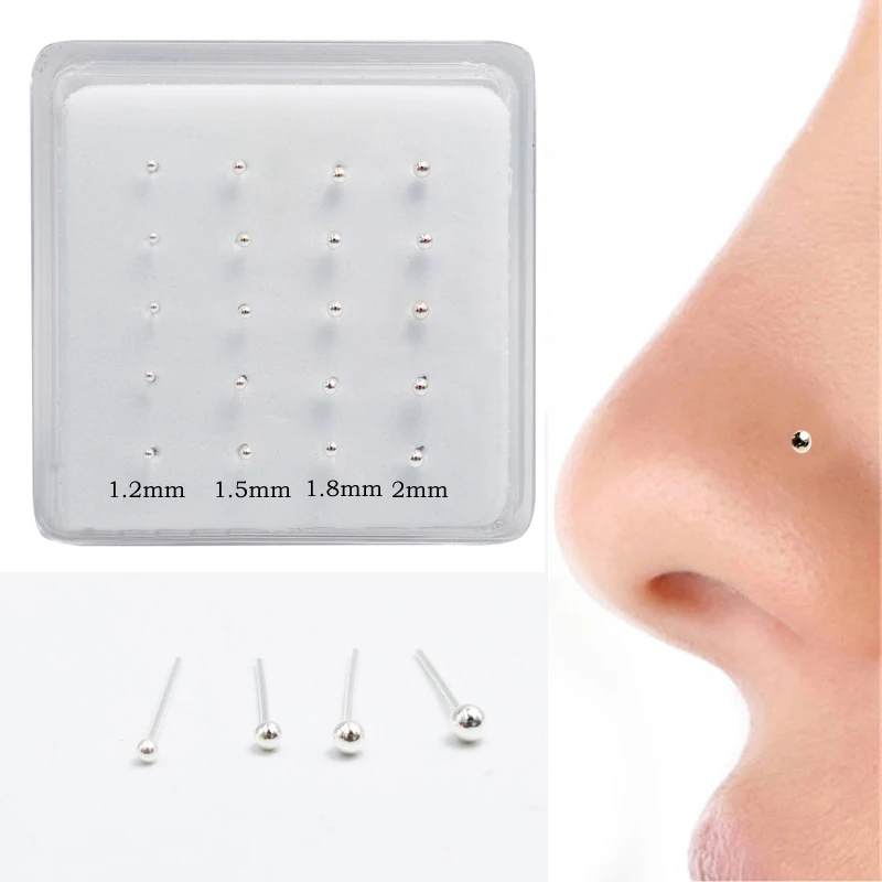 925 Sterling silver nose stud 1.2mm 1.5mm 1.8mm 2mm mixed size ball nose pin pircing nariz prata 20pcs/pack