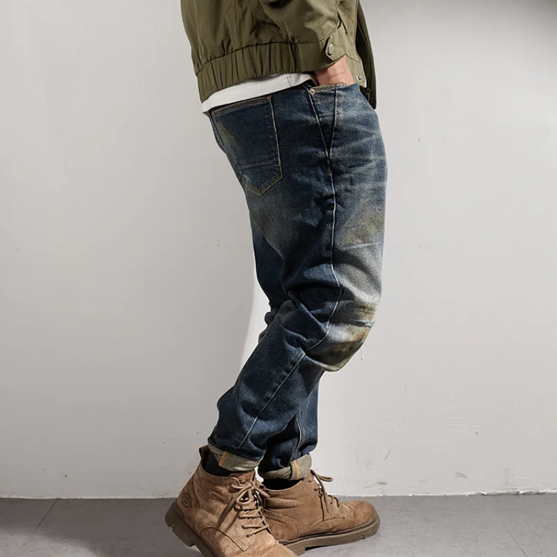 Heavy industry washing used oil stained jeans men's medium waist straight tube micro elastic patch pants