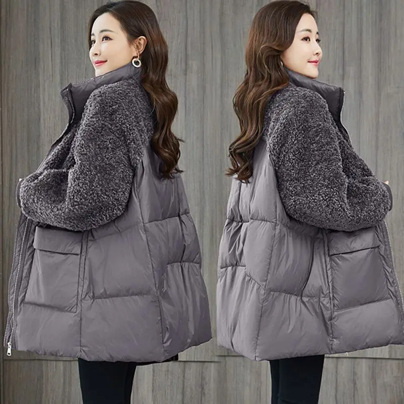 New Winter Jacket for Women Lamb's Wool Patchwork Coats Long Sleeves Tops Warmth Cotton Jacket Oversize Korean Fashion