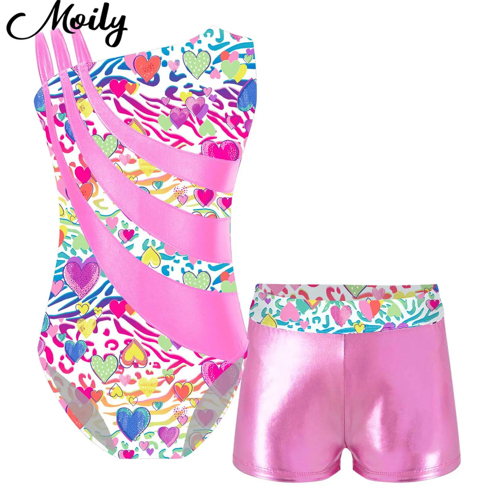 

Kids Girls Shoulder Straps Printed Patchwork Ballet Leotard Bodysuit with Shorts for Gymnastics Stage Performance Dance Costumes