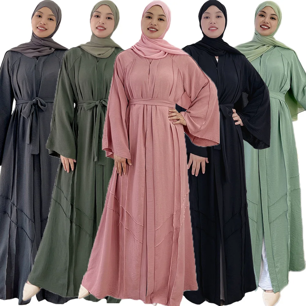 

Ramadan Women Muslim Abaya Long Sleeve Maxi Dress Crepe Turkish Dubai Islamic Arab Kaftan Robe Belted Eid Femme Jalabiya Caftan