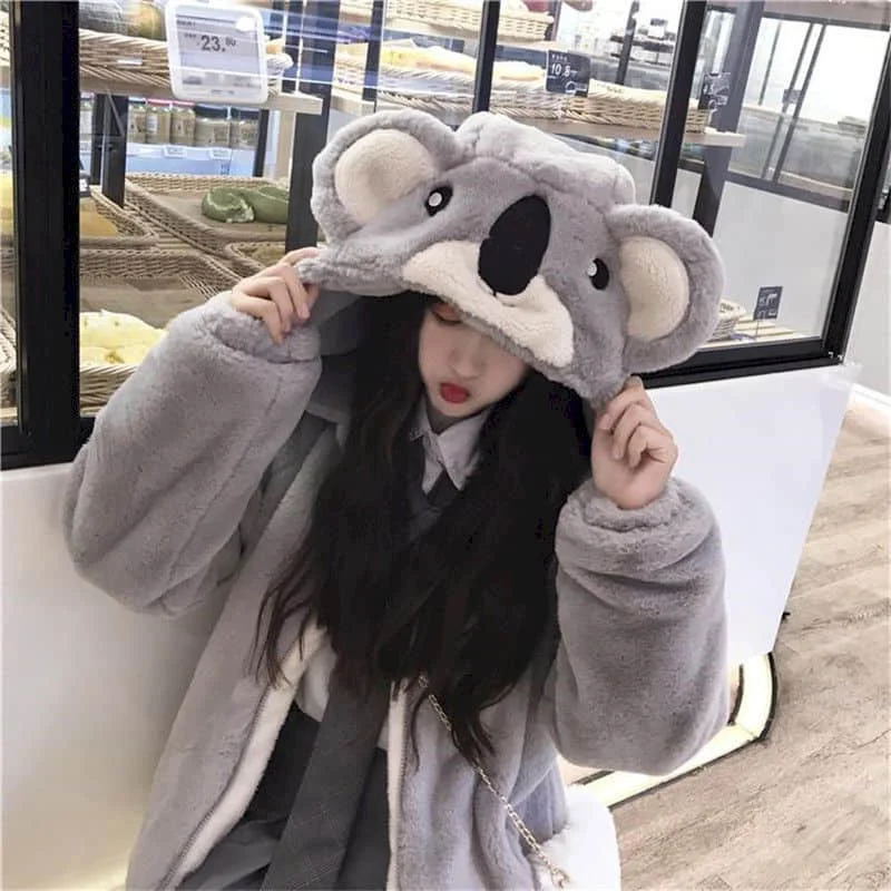 Plush Jacket Women 2023 Autumn Winter New Japanese Soft Girl Cute Koala Ear Hooded Jacket Student Thickened Furry Jacket Girl