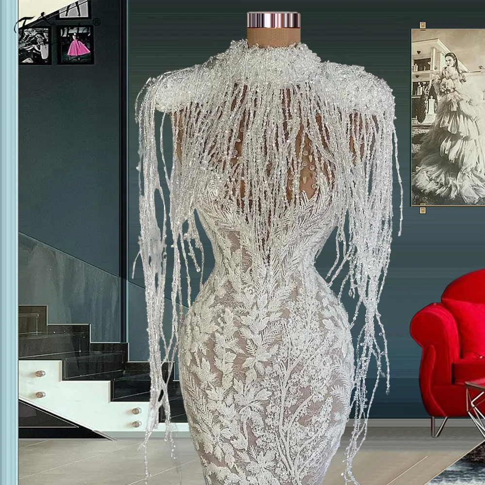 

Gorgeous Beads Tassels Evening Dresses Cap Sleeves Beaded Lace Formal Celebrity Dress Illusion Party Gowns Robe De Soiree