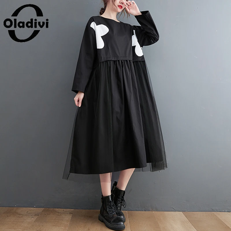 

Длинное платье Oladivi Plus, Модные женские повседневные свободные платья с длинным рукавом, черная новинка весны 2022, Одежда большого размера 9859, ...