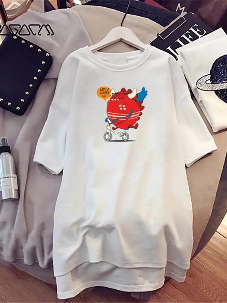 Kawaii Printed Nightdress for Women Diy Spring Summer Short Sleeve Cartoon Printed Homewear O Neck Casual Loose Pajamas Harajuku