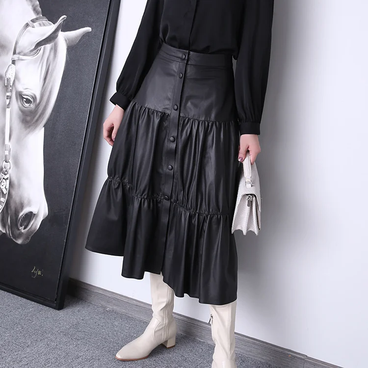 

2022Women's Skirt In Spring New Ultra-thin Sheepskin Leather Pleated High Waist A-line Umbrella Skirt Leather Skirt For Women