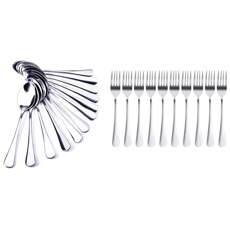 

10 PCS Fork Stainless Steel Steak Fork -18.5Cm Total Length & 12X Oval Steel Coffee Spoons Espresso Stainless Steel