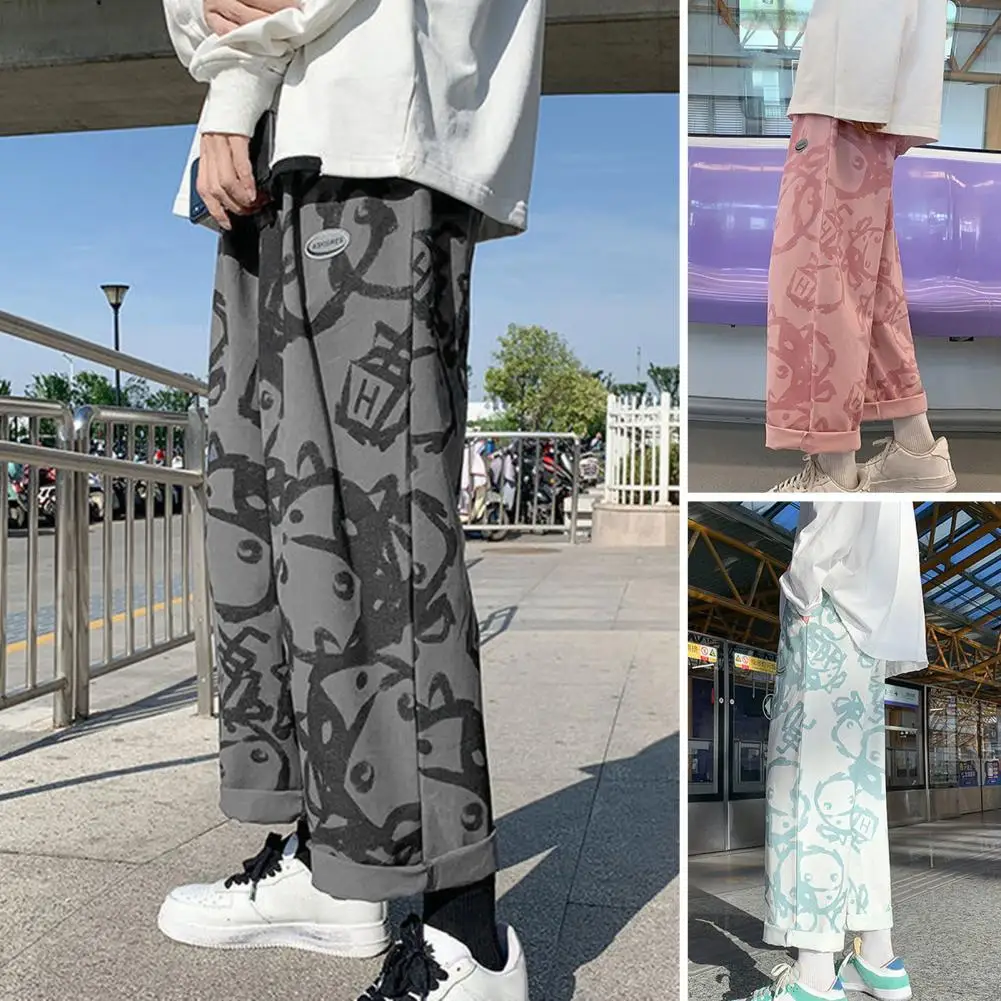 

Cozy Male Trousers Wide Leg Everyday Wear Washable Cartoon Print Male Long Trousers Bottoms