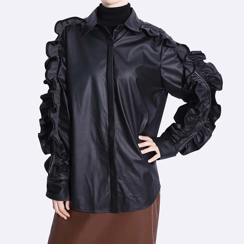 LXUNYI Faux Leather Blouse Woman Personality Ruffles Patchwork Zipper Coat Single Breasted Casual Loose PU Leather Jacket