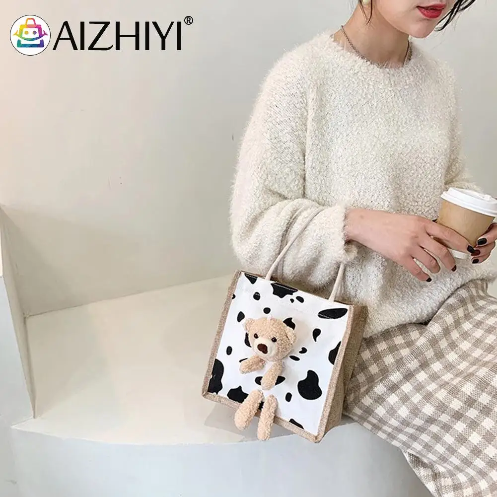 

Women Kawaii Canvas Cow Pattern Printed Top-handle Bags with Plush Bear Doll Small Tote Bags Leisure Travel Simple Women's Bag