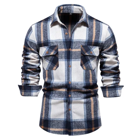 Мужская Утепленная клетчатая рубашка, повседневная классическая рубашка с двумя карманами, Осень-зима 2023