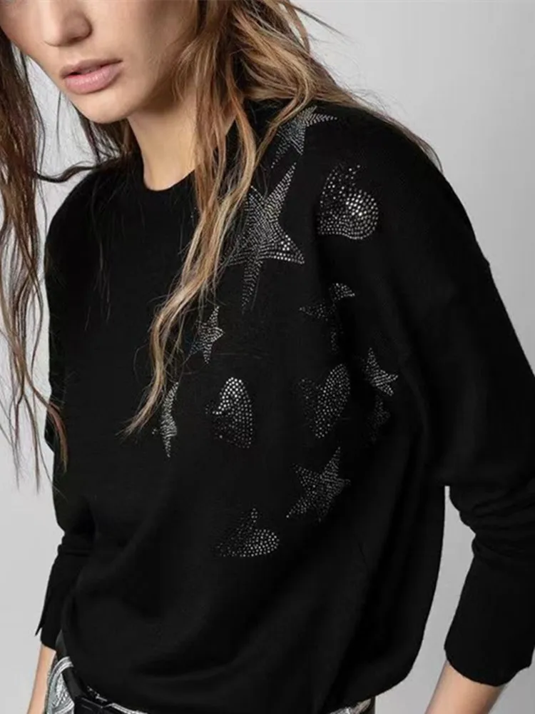 

Женский кашемировый свитер 100%, популярный классический черный джемпер в форме сердца со звездами и стразами, женская трикотажная одежда, Осенний топ с круглым вырезом