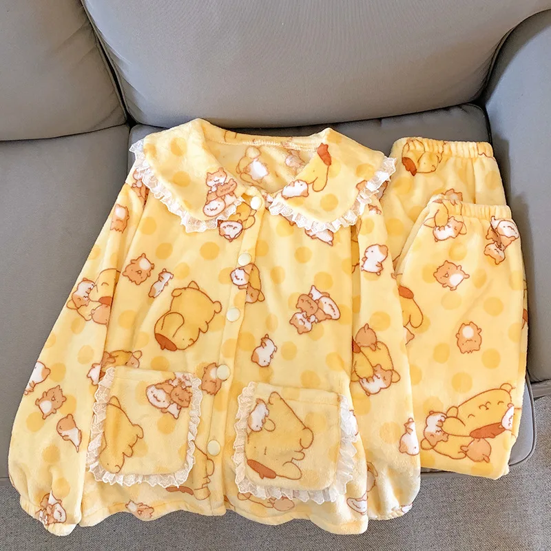 

Cute Sanrio Pompompurin Flannel Pajamas Set Cute Girly Lace Collar Homewear Autumn Winter Coral Fleece Nightwear Loungewear