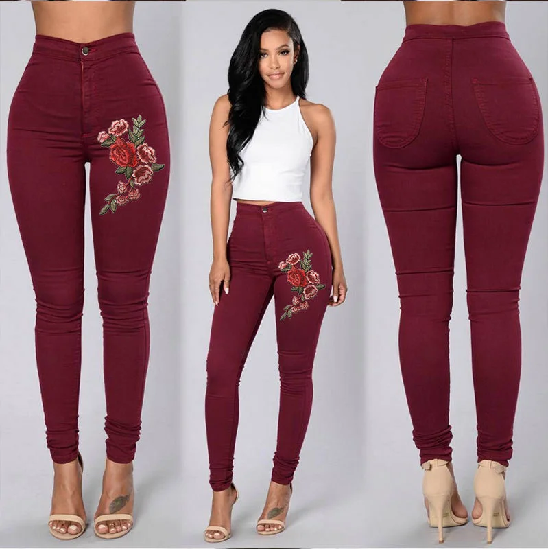 

Популярные джинсы, 2023 Модные женские узкие джинсы с цветочной вышивкой, Стрейчевые тренировочные рваные джинсовые брюки с высокой талией, р...