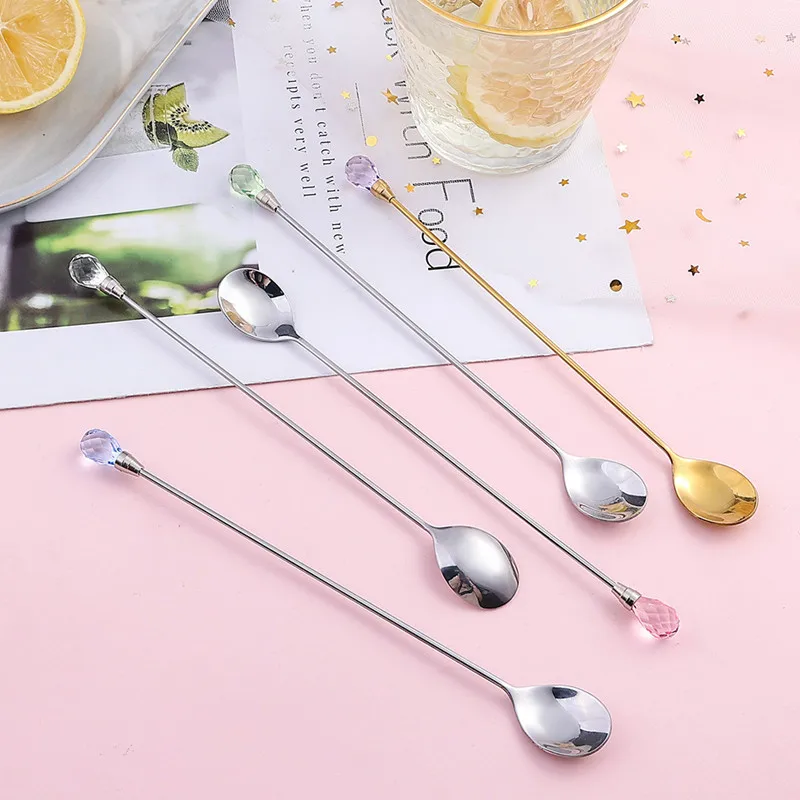 

New Crystal Diamond Shaped Stainless Steel Stirring Spoon Coffee Dessert Spoon Long Handle Juice Hot Drink Cocktail Mug Spoon