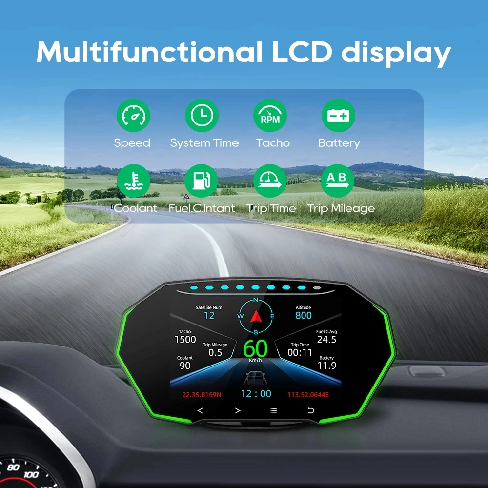 

F11 HUD Head up Display Dual System OBD2 GPS Speedometer Alarm Digital Gauge 4-inch LCD Touch Screen Car Accessories