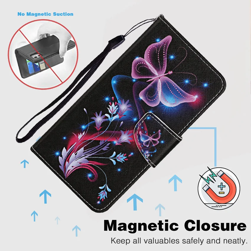 Фото Окрашенный кожаный чехол для Redmi 9 9A 9C 9T Note 7 8 8T 9 9S Pro A1 A4 A5 Flip Wallet Card Stand Book Cover бабочка кошка цветок №2