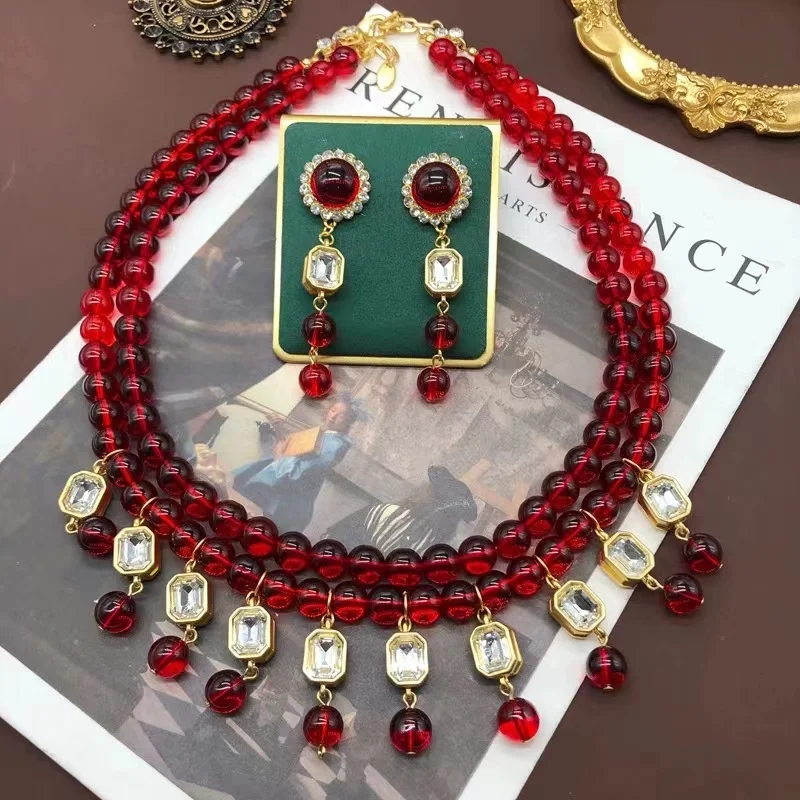 

Medieval Palace Wind Heavy Industries Double Layer Necklace Red Glass Beads Double Sided Zircon Tassel Necklace Ear Stud Set