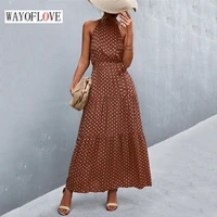 wayoflove summer dots print brown folds long dress casual beach holiday sexy neck mounted bandage vestidos elegant party dresses