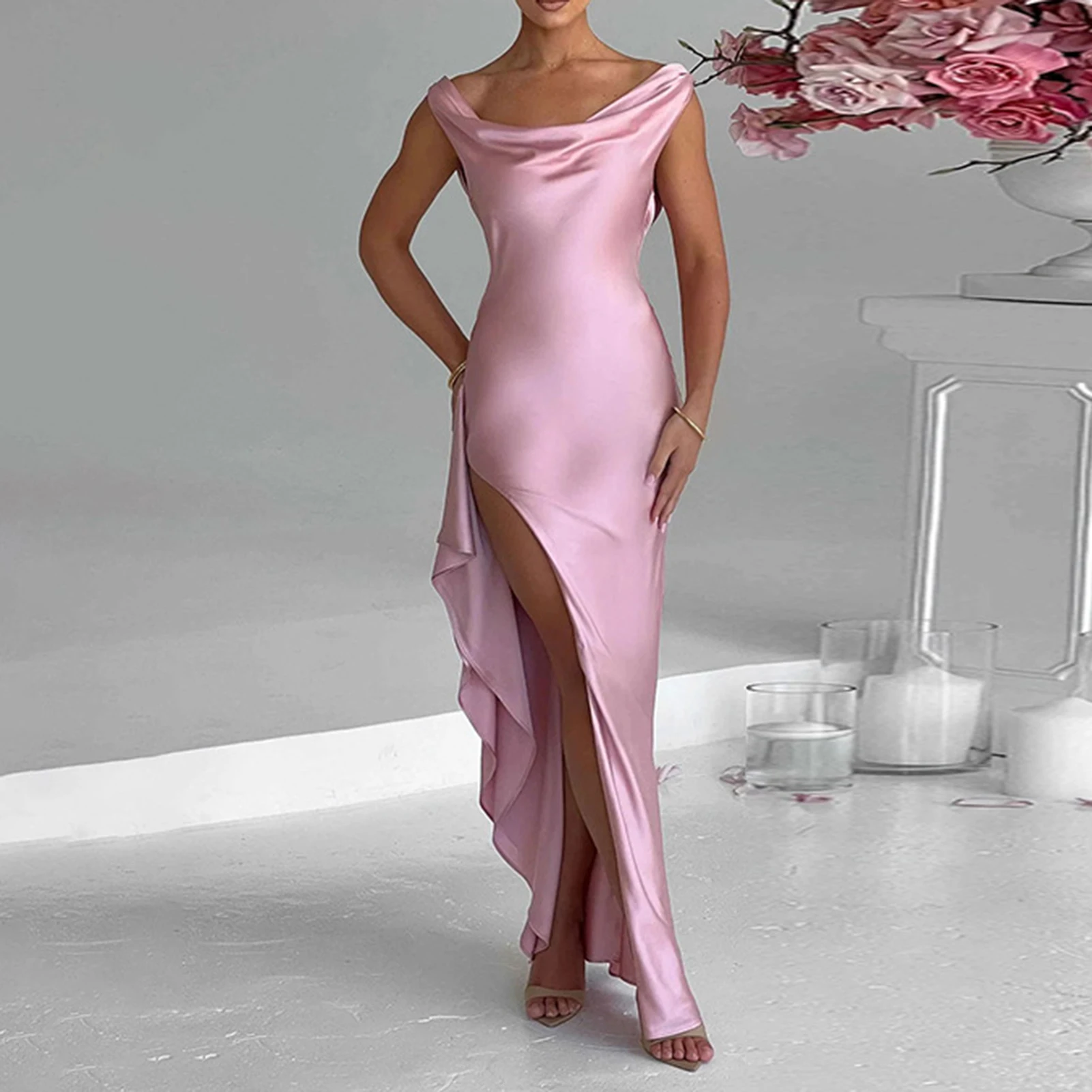 

Платье женское атласное на бретельках, Элегантное Длинное однотонное асимметричное вечернее с Боковым Разрезом и воротником-стойкой, соблазнительный стиль