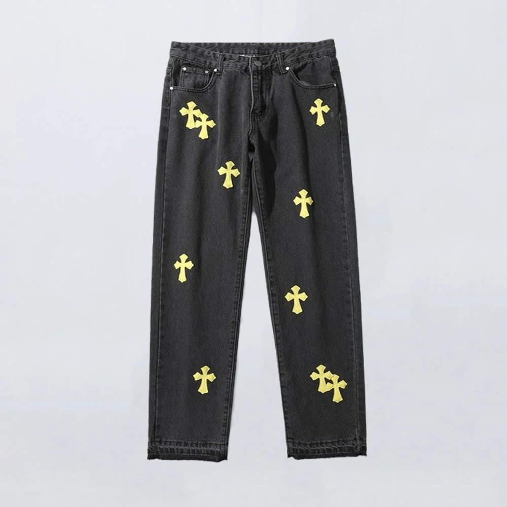 Four Seasons Men's Jeans Trend High Street Style Hip Hop Loose Straight Trousers Retro Cross Patch Streetwear Men's Ins Hot Sale