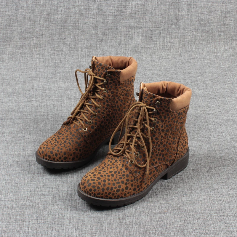 

Round Toe Shoes Lace Up Leopard Boots Rock Ankle Ladies Rubber Med Sexy Low Hoof Heels PU Mixed Colors Basic Flock Cross-tied La