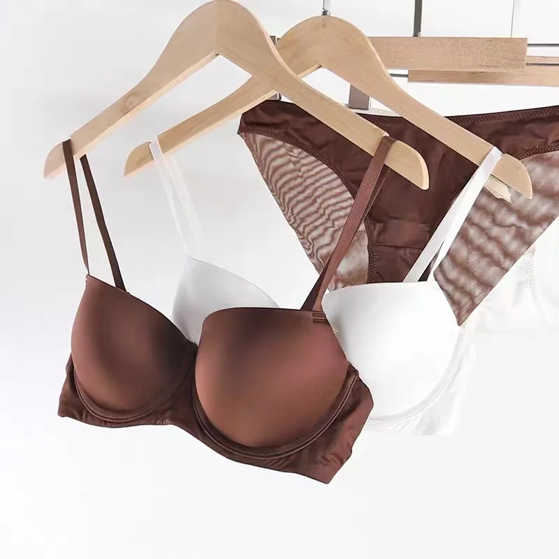 

Sexy glossy bra underwear seamless female double shoulder straps small chest with steel ring detachable gathered bralette