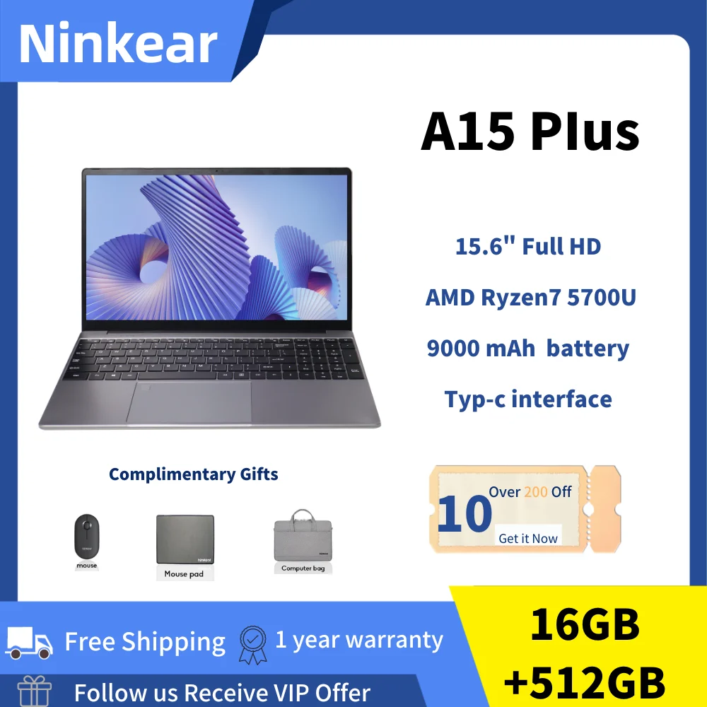 Ninkear A15 Plus 15.6 inch FHD IPS Laptop 32GB DDR4 1TB AMD Ryzen7 5700U PCIE Notebook 9000mAh Long Battery Life