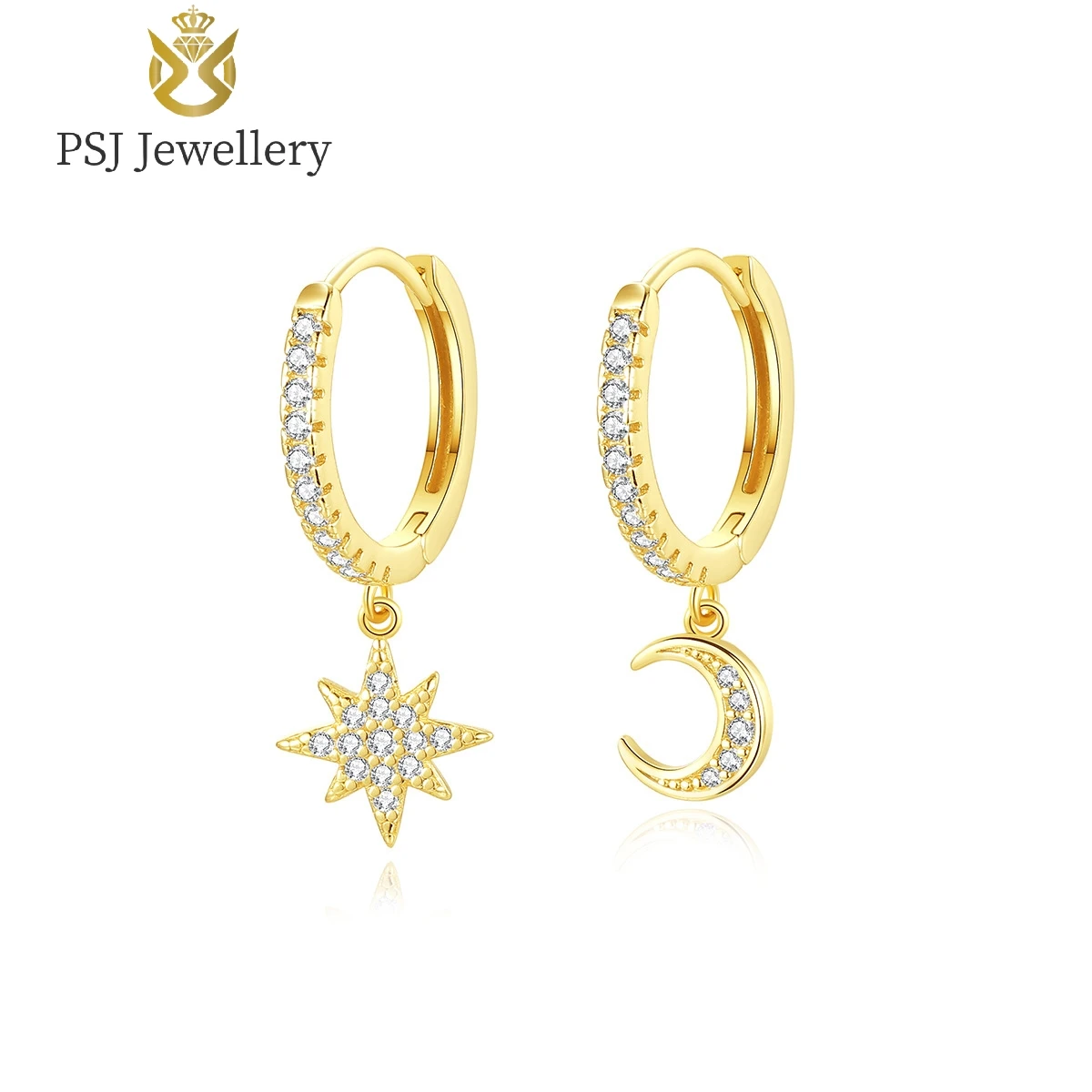 

PSJ Fashion Jewelry Round Cut Cubic Zircon 18K Gold Plated Asymmetric Star Moon 925 Sterling Silver Drop Earrings for Women