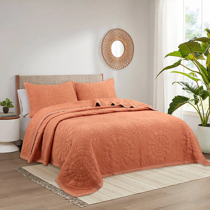 

CHAUSUB Orange Bamboo Fiber Quilt Set 3PCS Bedspread on the Bed Solid Color Queen Size Embroidered Coverlets Blanket for Bed