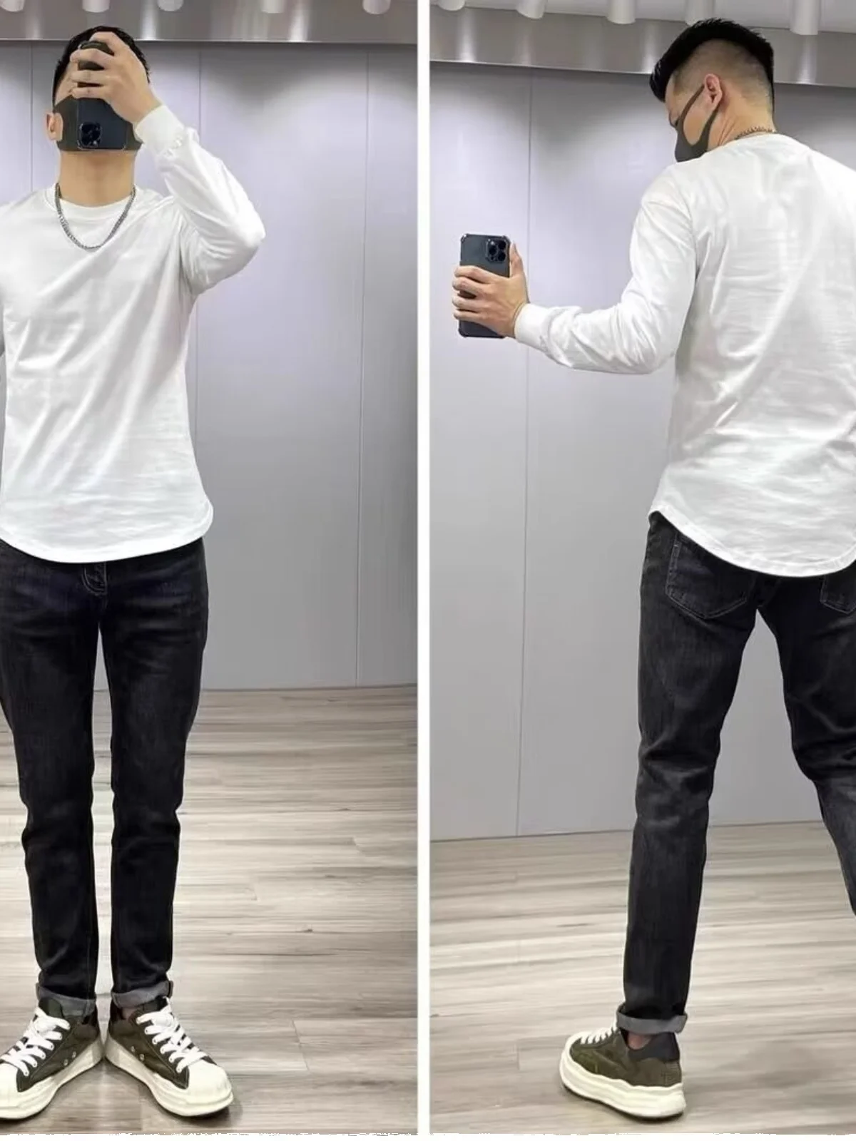 Autumn Thin Long sleeves Shirt Men's Korean-Sle Trendy Inner wear Bottoming round Neck Casual Solid Semicircle Arc Ho...