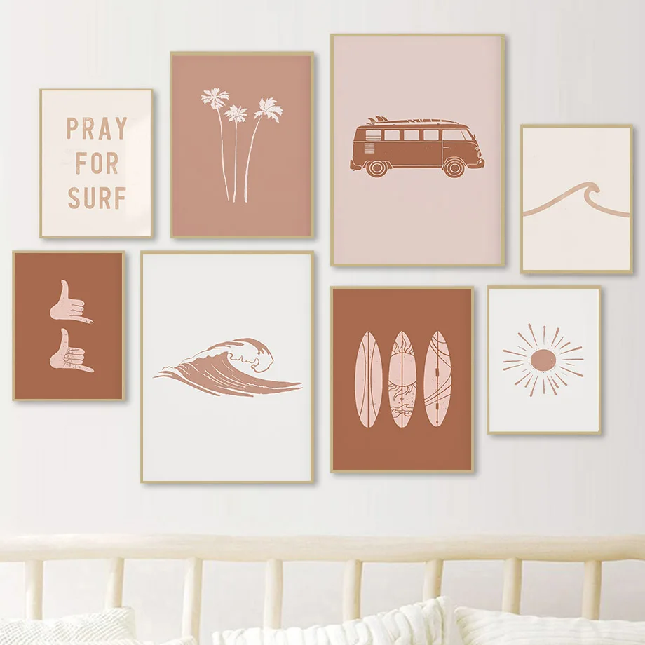 

Пляжная абстрактная доска для серфинга, волны, пальмы, солнце, картины, скандинавский настенный плакат, печатная Картина на холсте, декор для гостиной, спальни