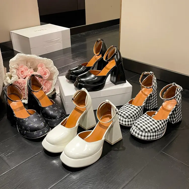 

2023 New Spring Summer Sexy High Heels Vintage Square Heads Mary Jane Shoes Women Thick Heels Platform Pumps Single Shoe