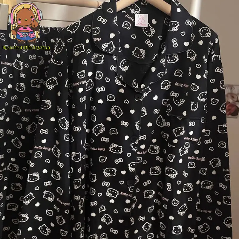Черная Гавайская Пижама Hellokitty для отпуска женские пижамные комплекты с длинным
