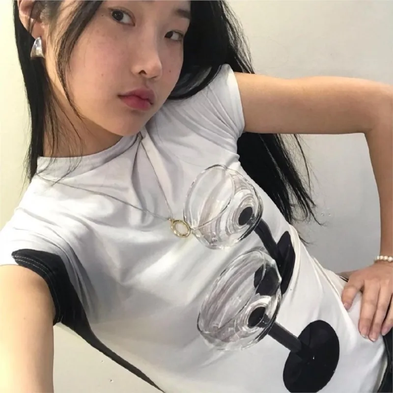 

Summer 90S Streetwear Chic Wine Glass Graphic Print Short Sleeve Women Crop Top Korean Fashion Vintage Harajuku Slim Baby Tshirt